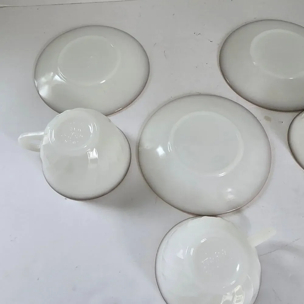Vintage Fire King Cups Saucers GOLDEN ANNIVERSARY Swirl Gold Rim Set of 4 1950s